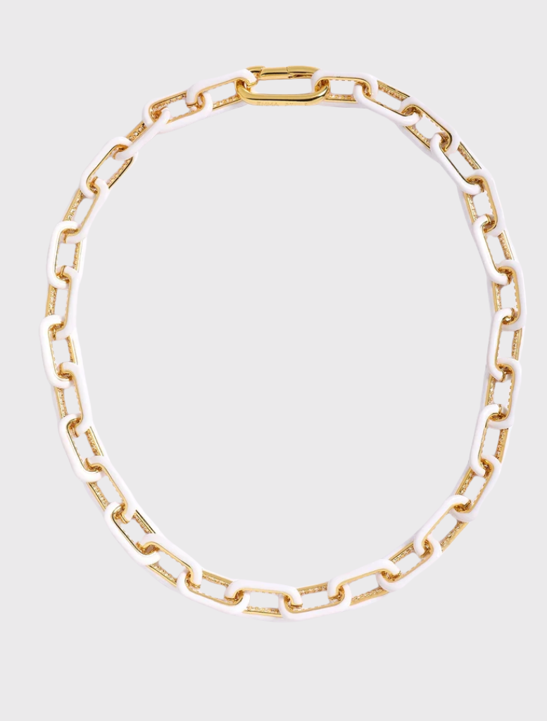 White Glo OG Necklace features 14k gold-plated enamel chain, adjustable length of 18 inches, inspired by OG earrings.