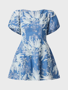 A-line mini dress in blue and ivory, offering a trendy look ideal for various events and gatherings.