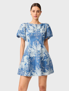 Stylish blue and ivory A-line mini dress with a flattering silhouette, suitable for various casual and semi-formal events.