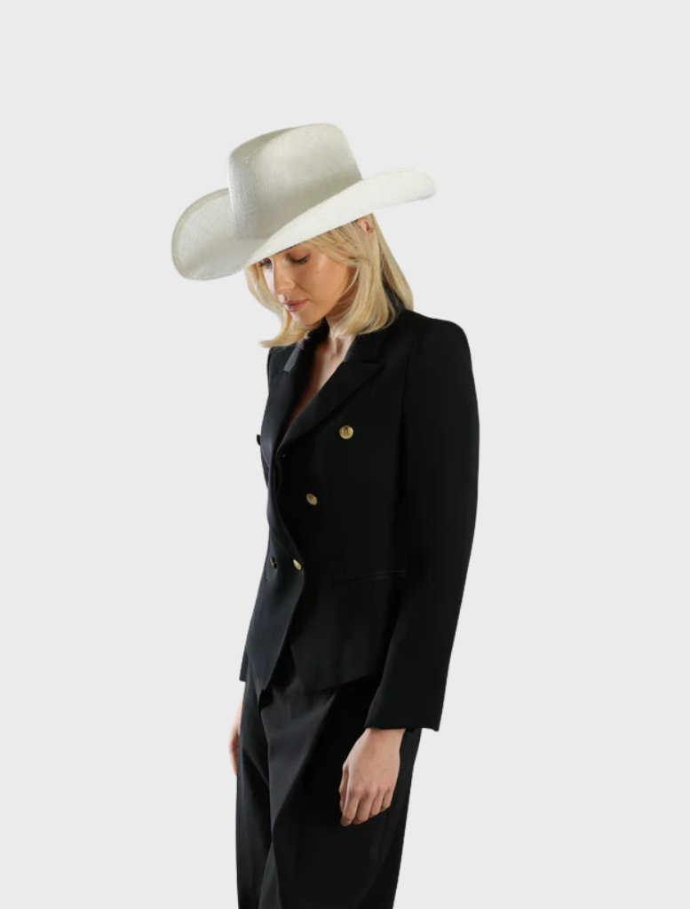 White Addison Racewear fedora with a sleek design, perfect for stylish racing enthusiasts.