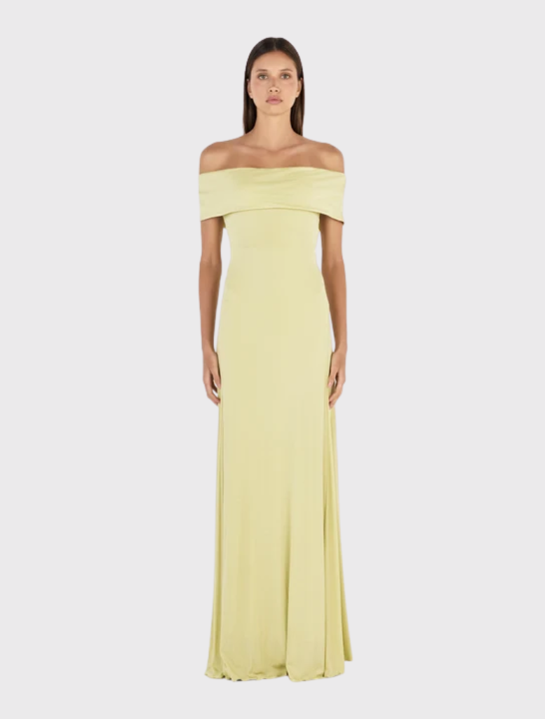 Off-the-shoulder kiwi maxi dress, fitted through the body, flaring at the hem, with overlay bust detail and fully lined.