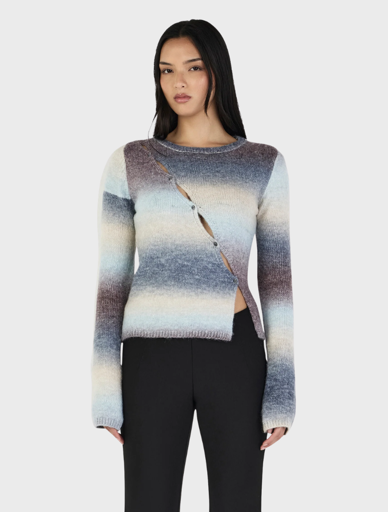 Alegra Asymmetrical Cardi in a cocoa gradient, featuring a stylish draped design and open front for a modern look.