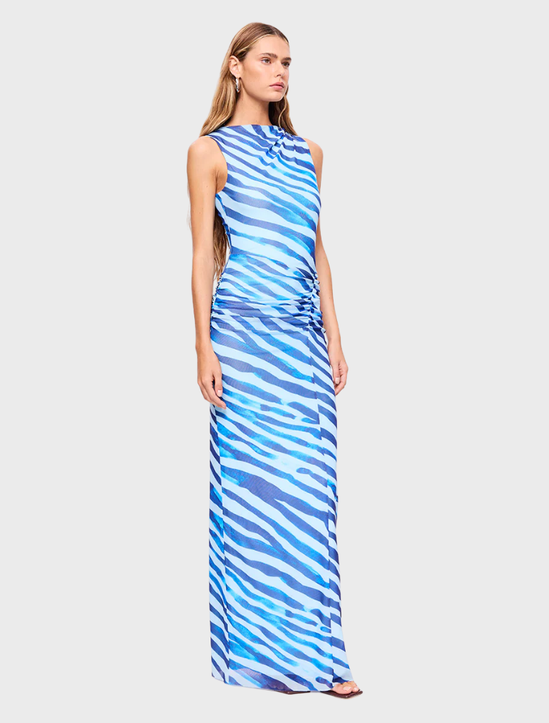 Blue zebra print sleeveless maxi dress by Aleks, featuring a flowing design ideal for warm weather and stylish occasions.