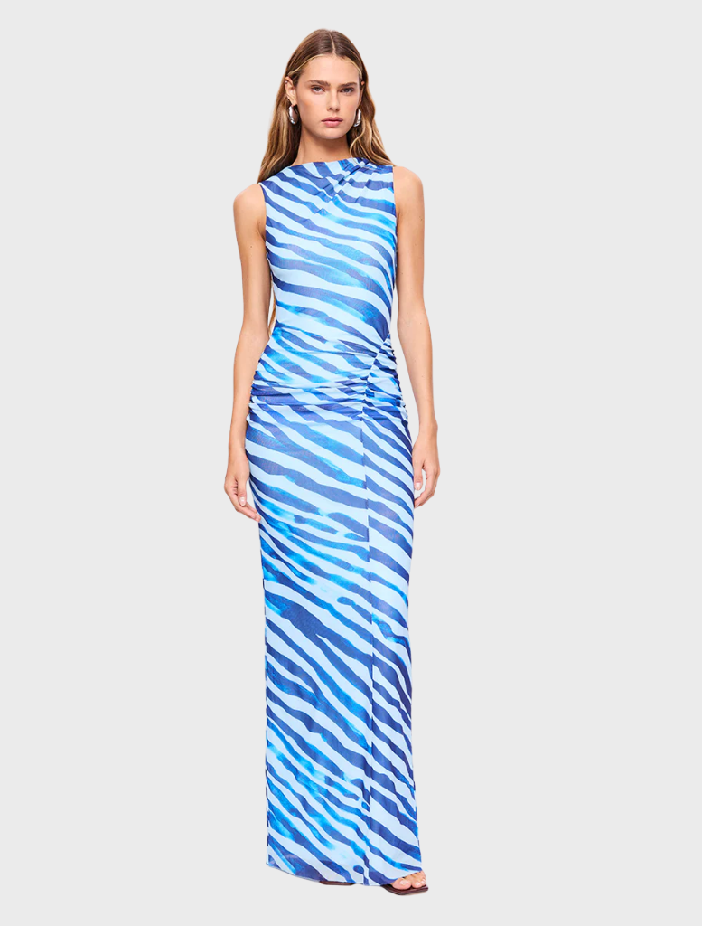 Aleks Zebra sleeveless maxi dress in blue with a bold zebra print, perfect for summer outings and casual events.