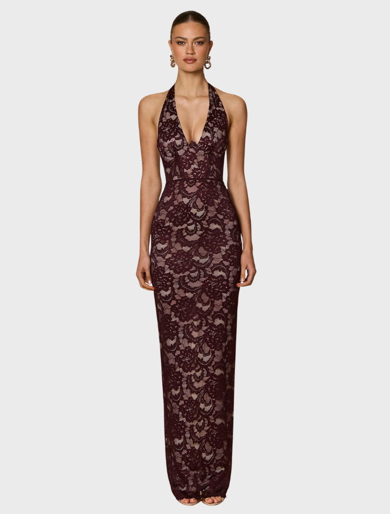 Elegant wine-colored Alessia gown with a flowing silhouette and intricate detailing, perfect for formal occasions.
