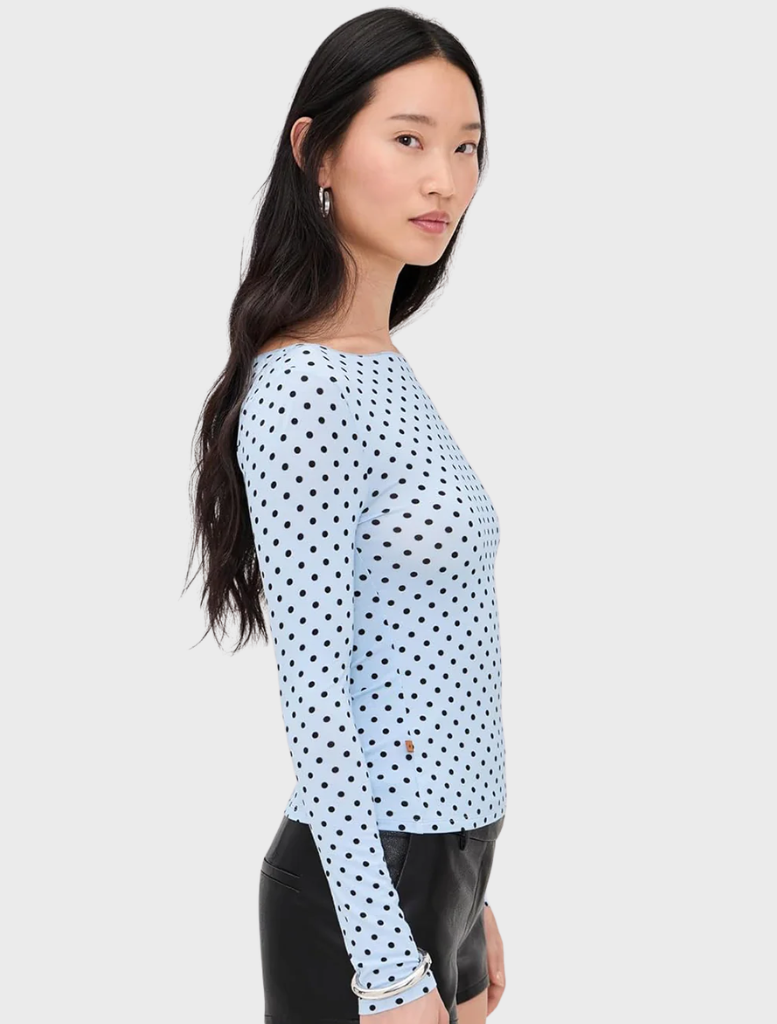 Stylish blue Amelia Top with a playful small dot pattern, ideal for a fashionable and casual appearance.