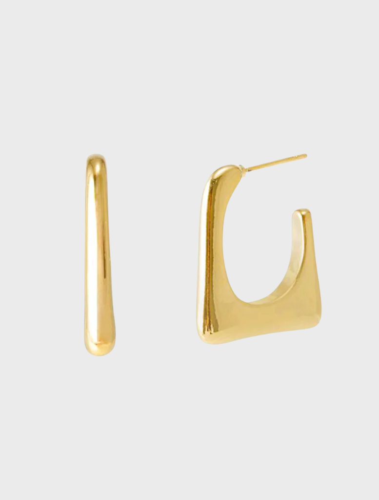 Gold Amelia hoops earrings displayed on a white background, showcasing their elegant design and shiny finish.