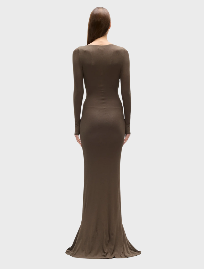 Stylish martini-colored Anya maxi dress, characterized by its long length and chic design for any special occasion.