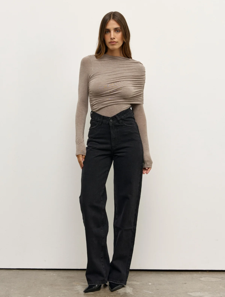 Grey marle Ariya bodysuit displayed on a hanger, showcasing its sleek design and soft fabric texture.