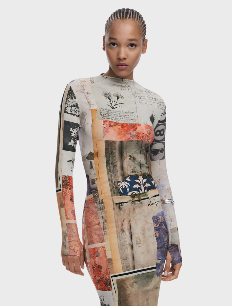 Elegant long-sleeved dress adorned with a colorful, abstract print, perfect for artistic expression.