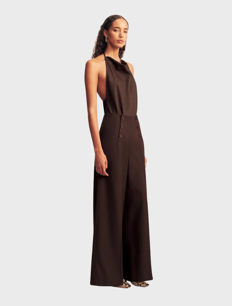 Asher Button's wide leg pant in Ristretto, showcasing a contemporary silhouette and comfortable fabric for versatile styling.