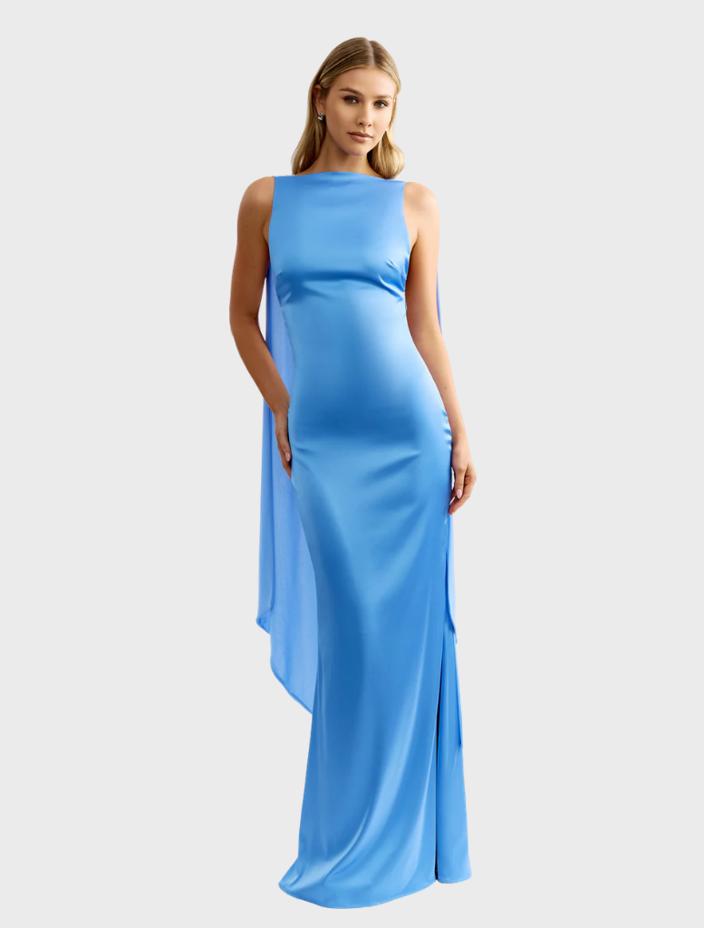 Ocean blue Audrey dress with a fitted bodice and flowing skirt, perfect for formal occasions or summer events.