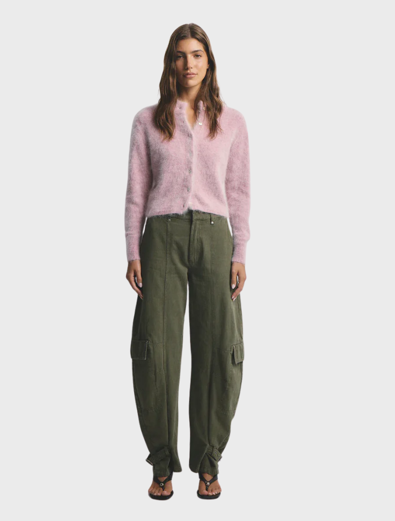 Bella Cashmere Cardigan in a soft Petal Cloud color, designed for comfort and sophistication in any wardrobe.