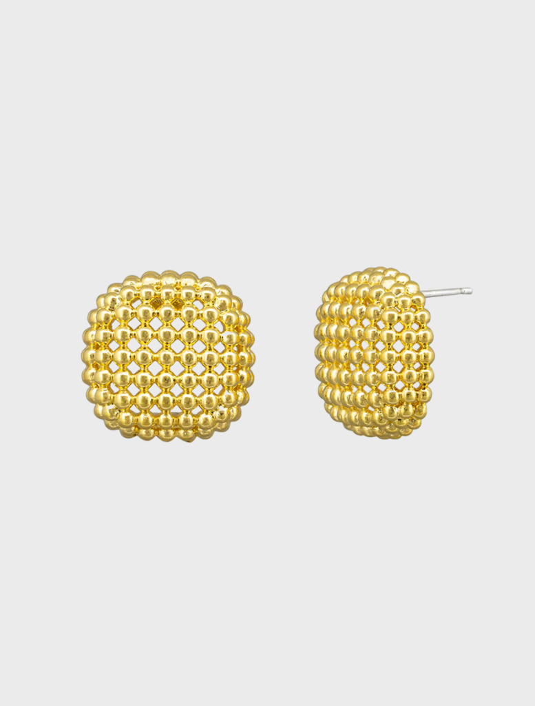 Gold Bernadine earrings featuring a delicate design, perfect for adding elegance to any outfit.