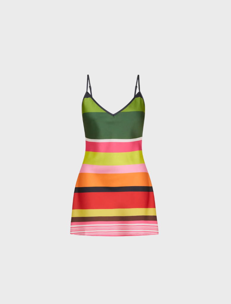 Elegant mini dress in emerald stripes, designed with a bias cut for a contemporary fit, suitable for both casual and formal events.