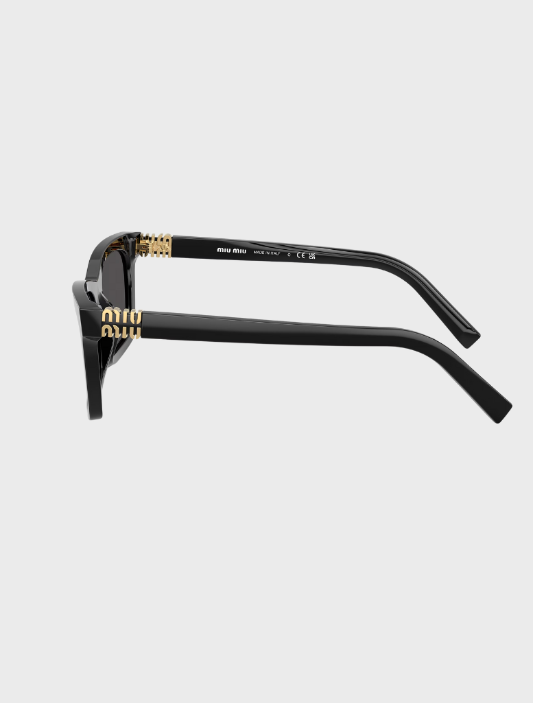 Front view of MU A05S 16K08Z 55 sunglasses in black and grey, highlighting their sleek design.