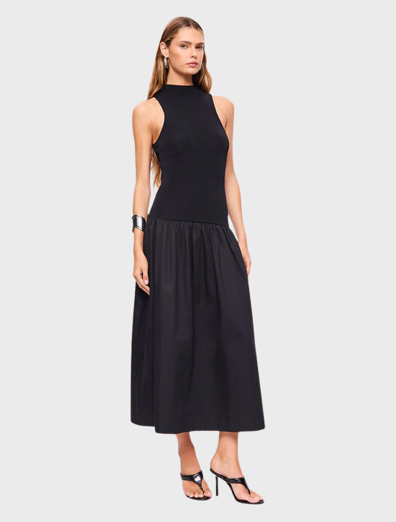 Elegant black maxi dress with a high neck, designed for a sophisticated look suitable for various events.