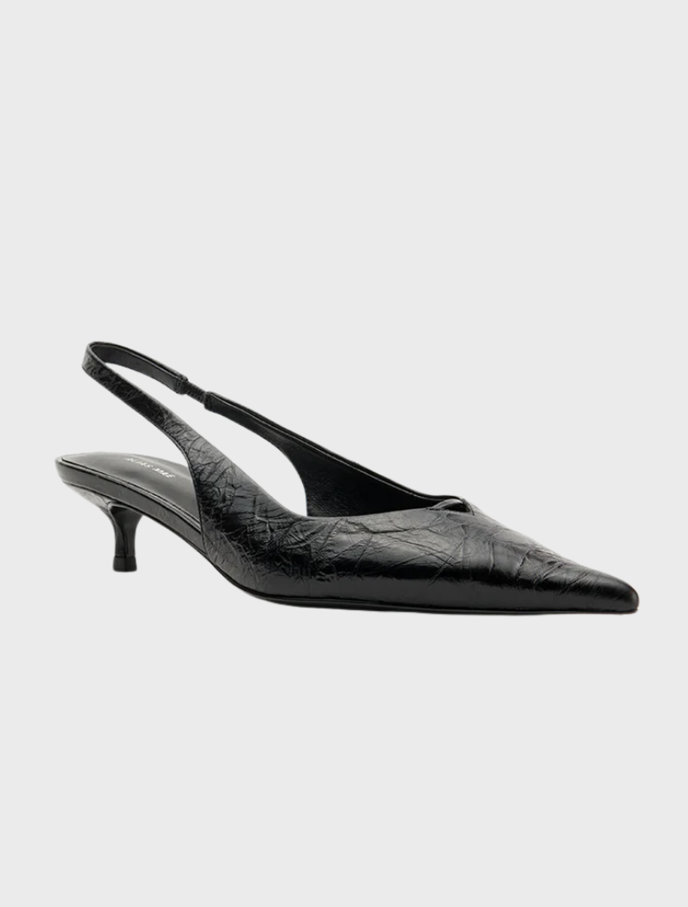 Stylish black leather sling heel shoe with a pointed toe, designed in Evette's black oily crinkle leather.