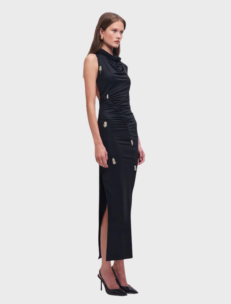 Elegant black maxi dress with embellishments, the Phoebe design offers a sophisticated look for special events.