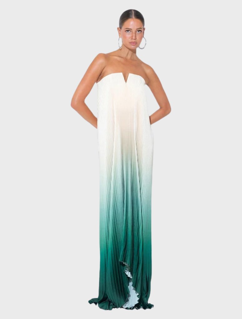 Elegant black tie gown in green milk ombre, featuring a strapless neckline and flowing silhouette for formal occasions.