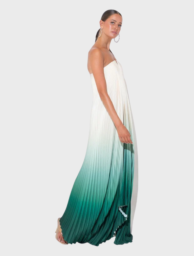 Strapless black tie gown in green milk ombre, showcasing a graceful silhouette ideal for formal events and gatherings.