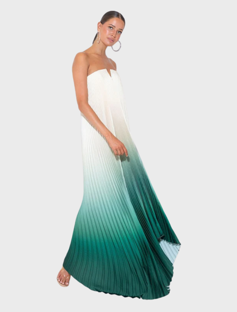Timeless green milk ombre gown with a strapless design and billowing silhouette, perfect for elegant soirées.