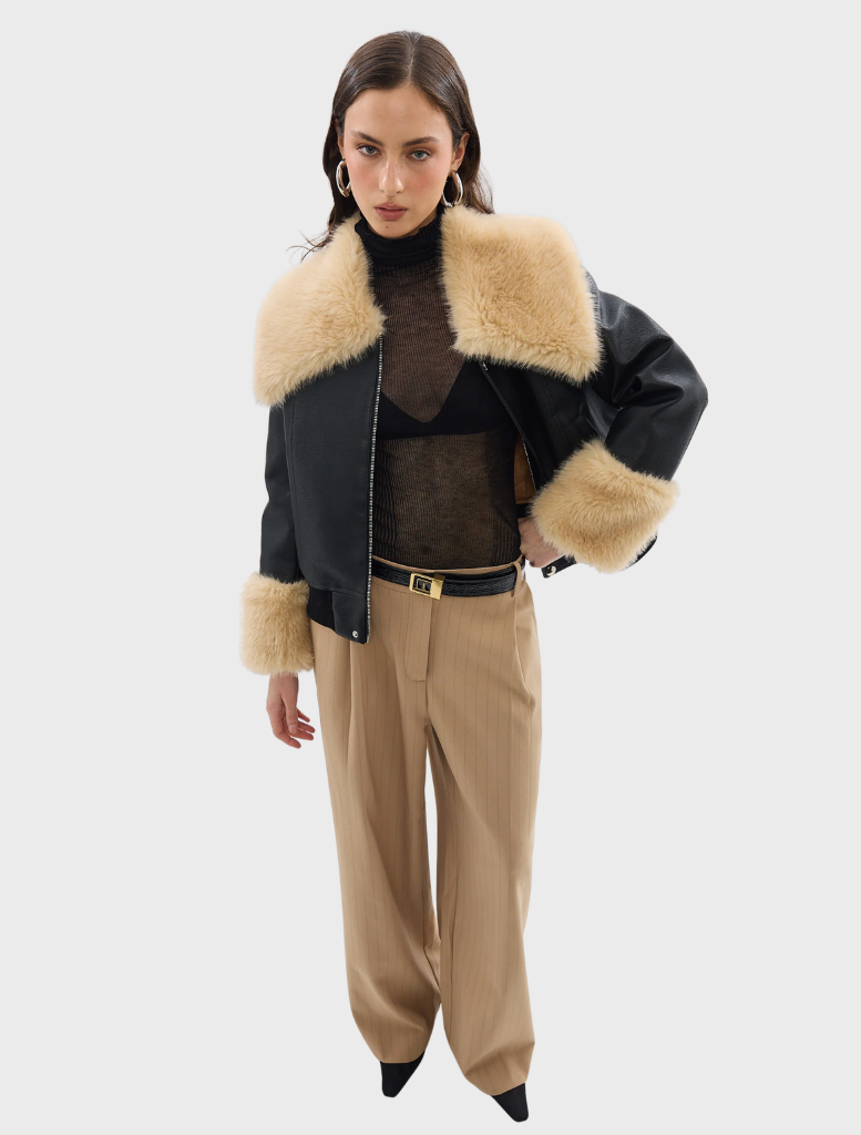 Stylish black Willow Jacket with leather-like finish, plush shearling, and oversized collar, perfect for layering in any season.