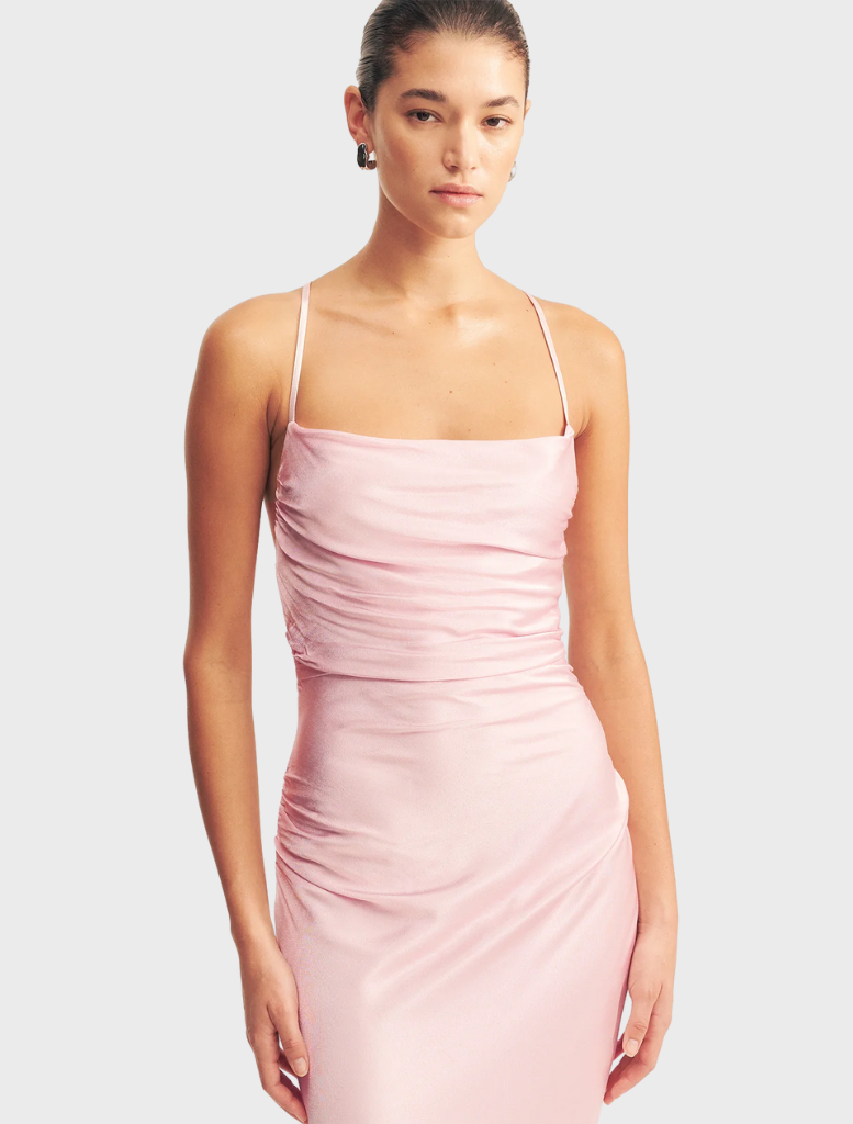 Elegant La Lune Blossom Maxi Dress with a lace back, showcasing a floral pattern and flowing silhouette.