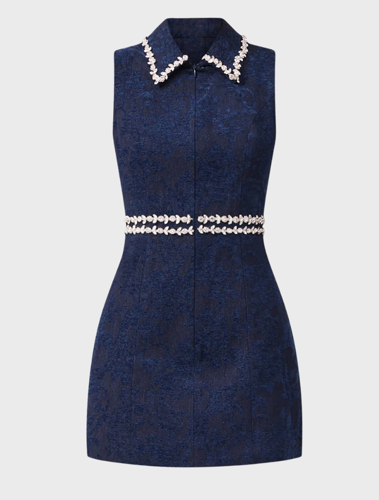 Elegant blue Melody Jacquard Mini Dress with a fitted silhouette, ideal for summer outings or evening events.