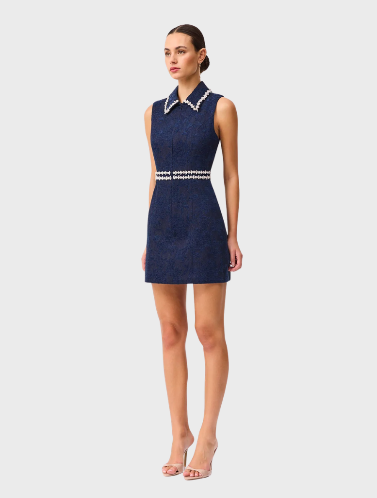 Blue Melody Jacquard Mini Dress with a tailored fit and textured fabric, ideal for formal events or stylish outings.