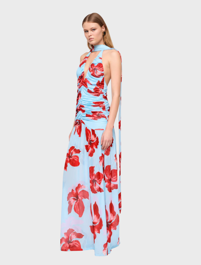Elegant blue and pink floral halter maxi dress, showcasing a long, flowing design perfect for warm weather occasions.
