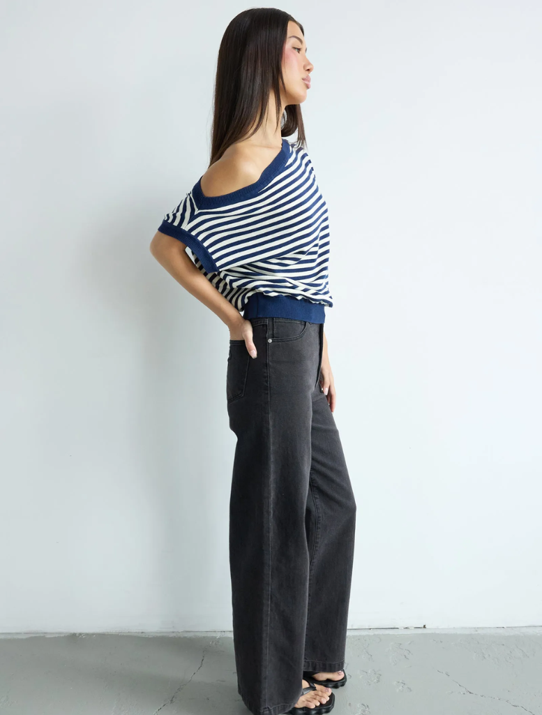 Stylish blue stripe cold shoulder knit top featuring short sleeves and a trendy open shoulder cut for a chic look.