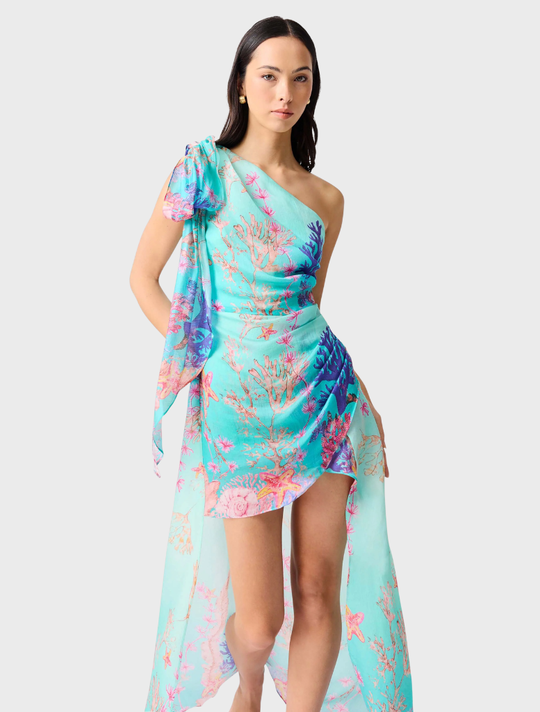 Stylish coral asymmetrical gown in blue multi tones, designed for a chic and contemporary look.