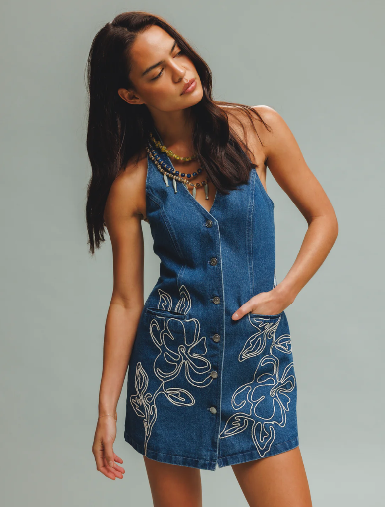 Stylish bluestone denim mini dress with a tailored fit and short sleeves, ideal for warm weather and casual occasions.