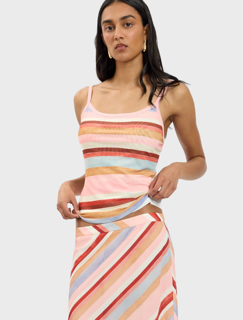 Blush mesh camisole with striped pattern, showcasing a soft fabric and adjustable straps for a flattering fit.