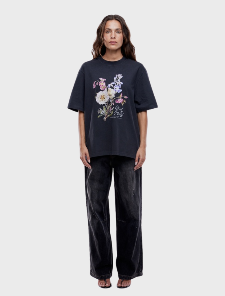 Stylish vintage black Bouquet Tee featuring a vibrant floral motif, perfect for enhancing casual attire.
