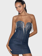 Deep blue denim mini dress with a fitted silhouette and short sleeves, perfect for casual outings or summer events.