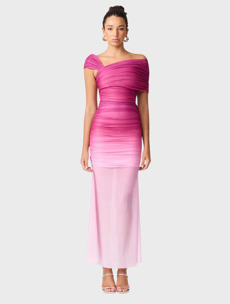 Elegant Brigitta maxi dress in a vibrant orchid ombre design, featuring a flowing silhouette and soft fabric.