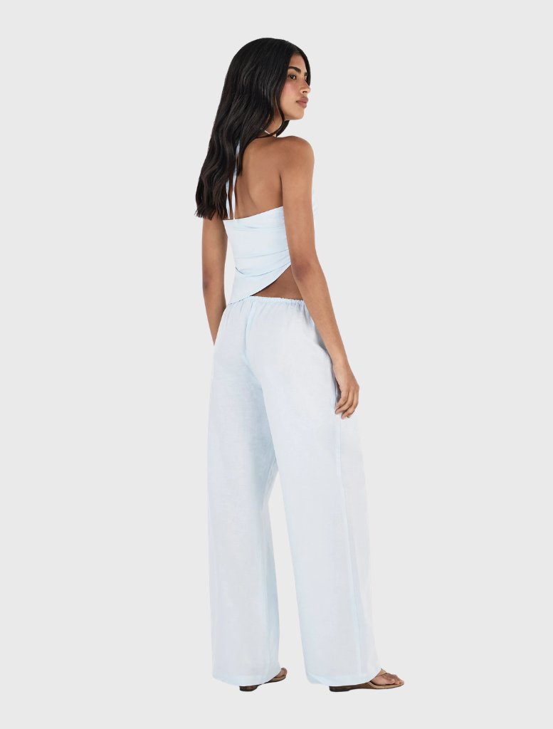 Relaxed mid-low rise straight-leg pants in cornflower blue, featuring a drawcord waist and convenient side seam pockets.