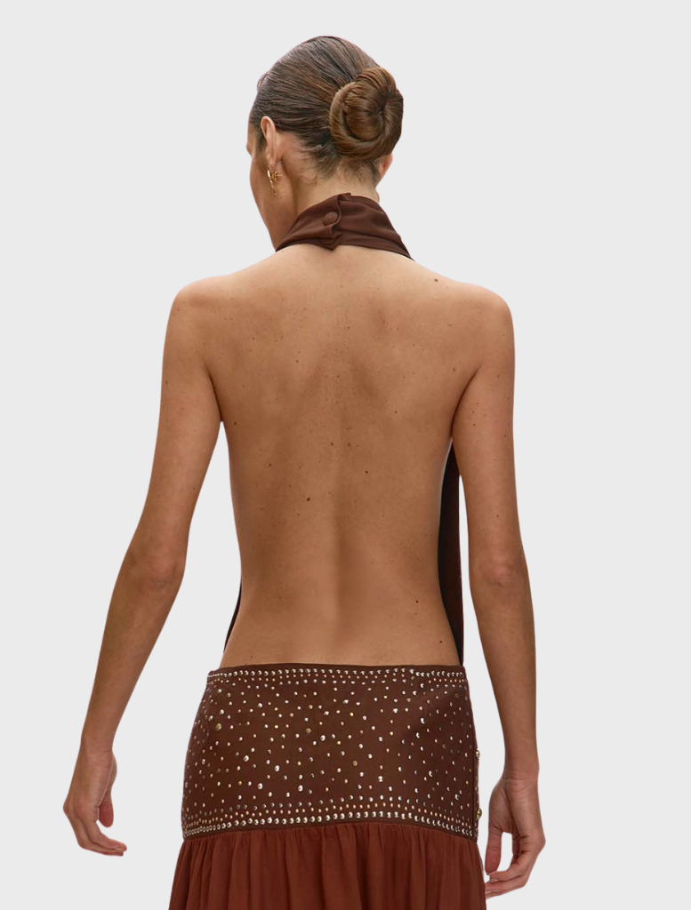 Brown Carrie Dress featuring a fitted silhouette and elegant design, perfect for formal occasions or casual outings.