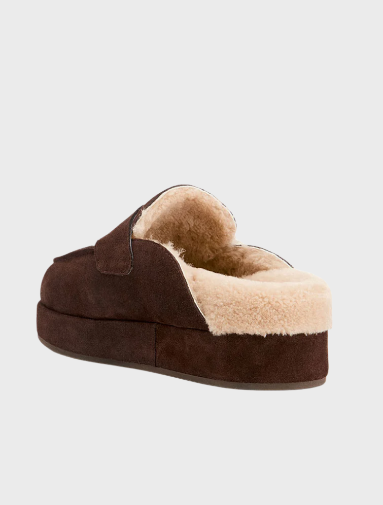 Burkley chocolate suede shearling shoes with a rich color and soft interior, ideal for stylish comfort in winter.