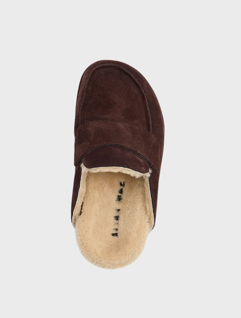 Burkley chocolate suede shearling footwear featuring a plush interior and stylish design for a chic winter look.