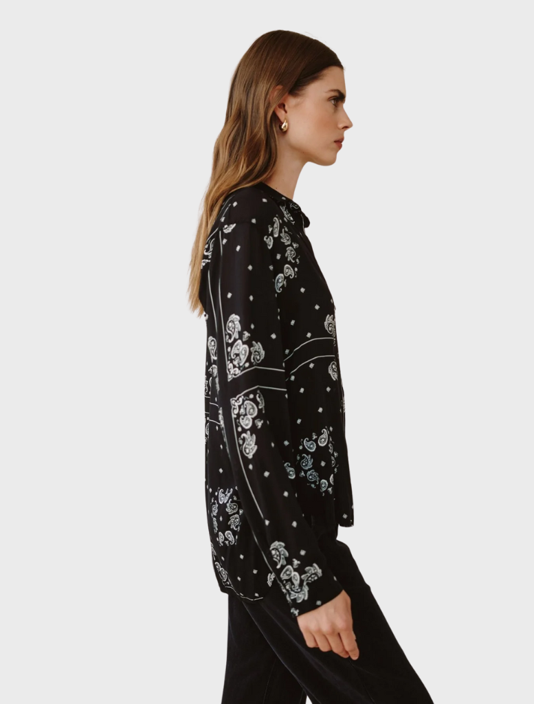 Elegant button-down shirt displaying a colorful bandana print, combining blue and white patterns for a classic look.