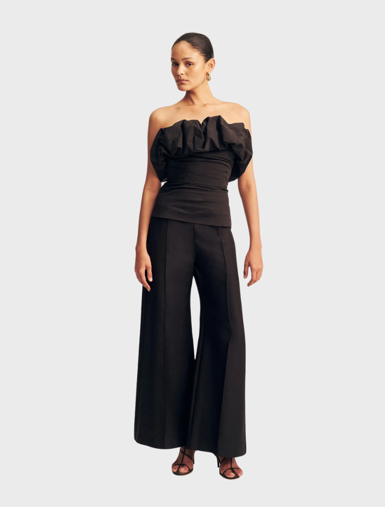 Black strapless bubble top by Campbell, featuring a fitted bodice and a flared hem for a stylish, modern look.