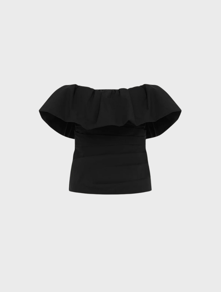 Elegant black strapless bubble top from Campbell, designed with a fitted silhouette and playful flared bottom.