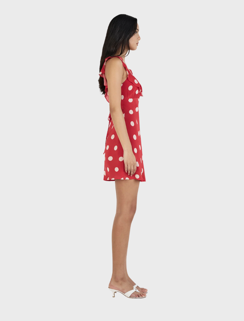 Red polka dot mini dress with a fitted silhouette and short sleeves, perfect for casual summer outings.