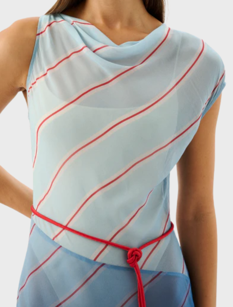 Elegant Capri maxi dress adorned with stripes in shades of blue and green, evoking a seaside vibe.