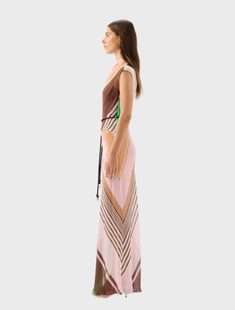 Elegant capri maxi dress adorned with a bold tango stripe design, ideal for warm weather occasions.