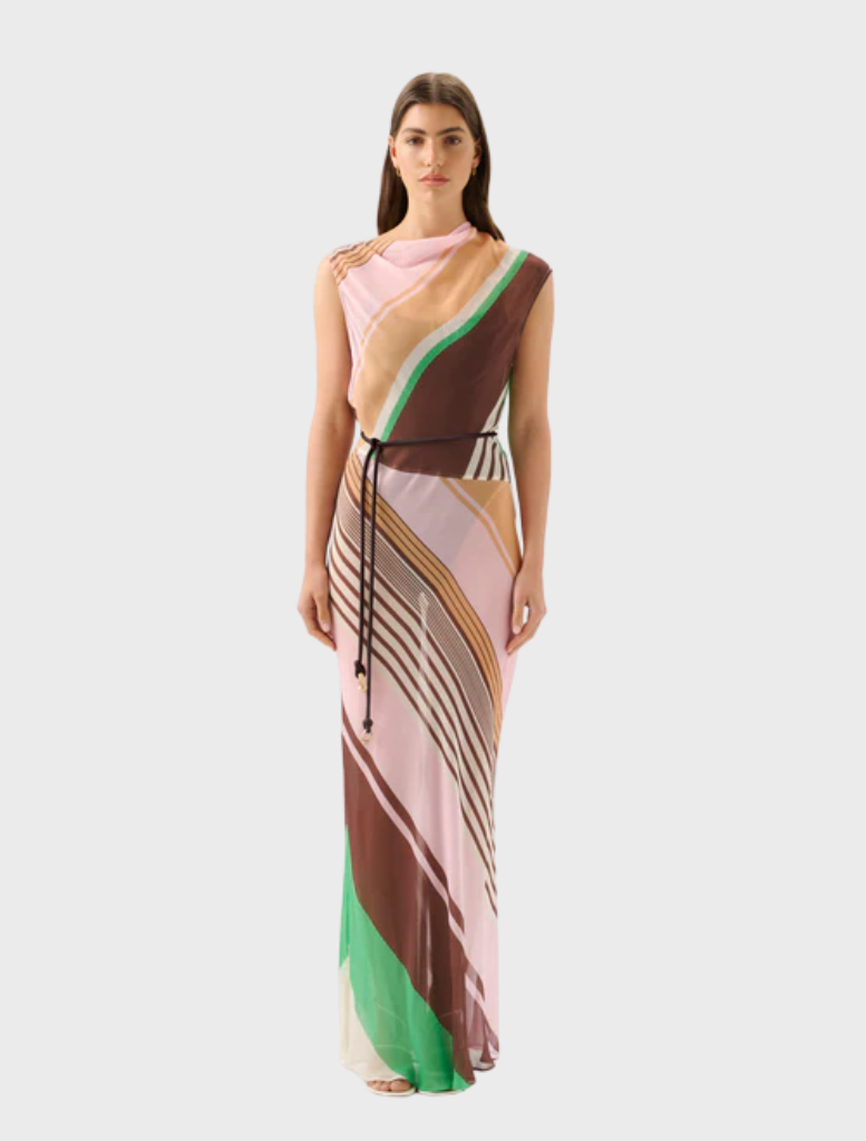 Capri maxi dress featuring a vibrant tango stripe pattern, perfect for summer outings and casual events.