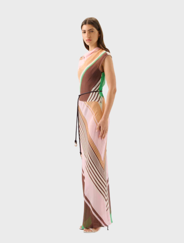 Capri maxi dress featuring a vibrant tango stripe pattern, perfect for summer outings and casual events.